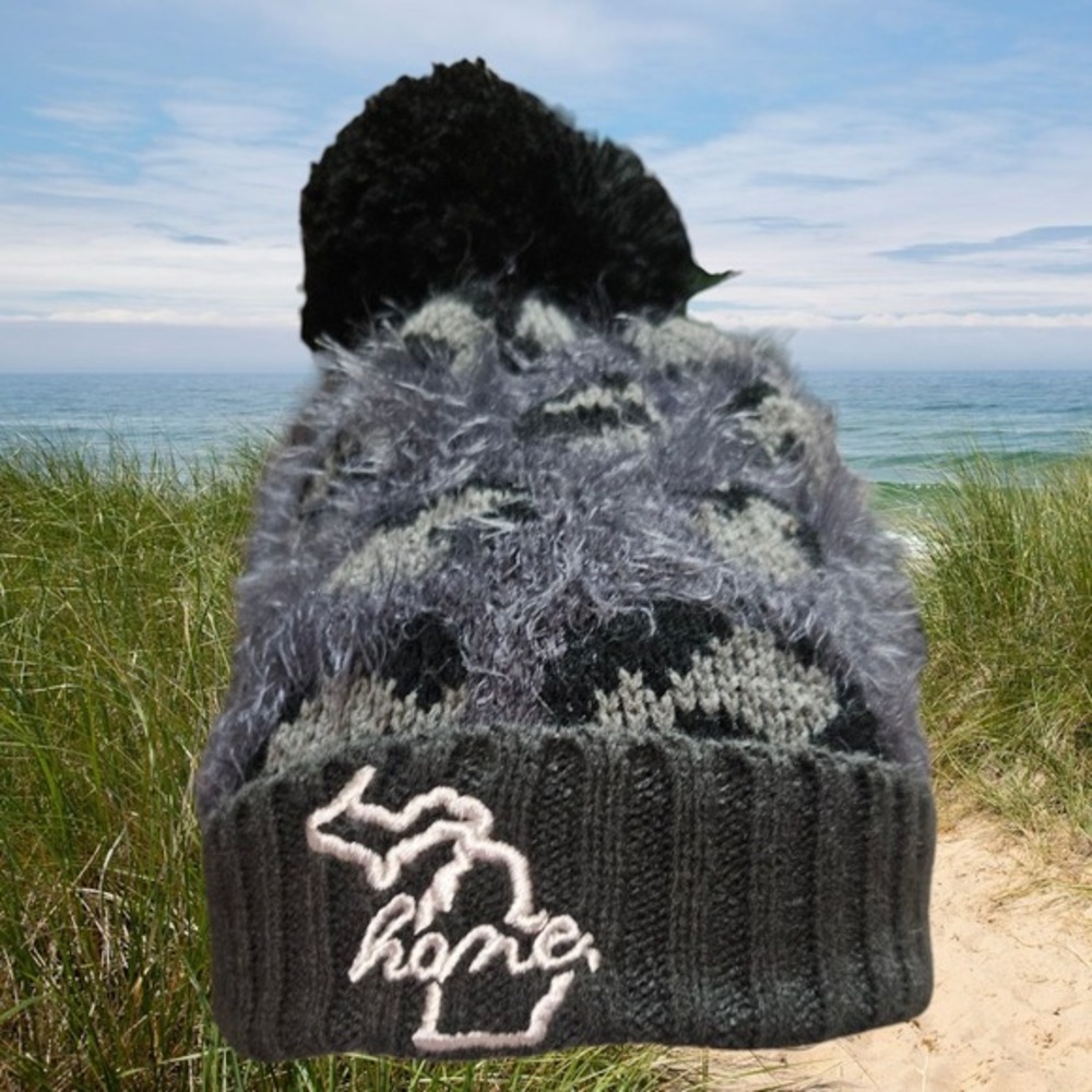 Michigan Home Beanie Knit‎ Hat Fuzzy Leopard Pom Winter Cap